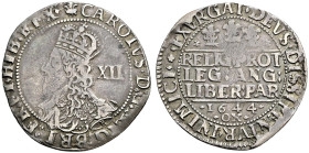 AR Shilling (30mm, 4.96 g, 9h). Declaration type. Oxford mint; im: plume/rosette. Dies by T. Rawlins. Dated 1644. Crowned bust left; XII (mark of valu...