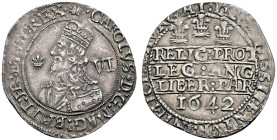 AR Sixpence (26mm, 3.17 g, 1h). Declaration type. Oxford mint; im: open book/–. Dated 1642. Crowned bust left; VI (mark of value) to right, small plum...
