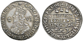 AR Sixpence (25mm, 3.04 g, 10h). Declaration type. Oxford mint; im: open book/–. Dated 1643. Crowned bust left; VI (mark of value) to right, small plu...