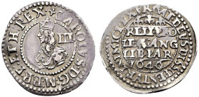 AR Threepence (18mm, 1.54 g, 10h). Declaration type. Oxford mint; im: lis/–. Dated 1646/4. Crowned bust left; III (mark of value) to right / RELI · PR...