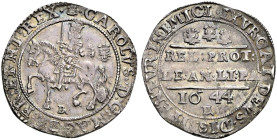 AR Halfcrown (36mm, 14.26 g, 10h). Declaration type. Bristol mint; mm: plumes. Dated 1644. Charles on horseback left, holding sword and reins; plumes ...