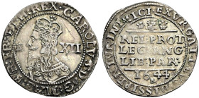AR Shilling (32mm, 6.22 g, 9h). Declaration type. Bristol mint. Dated 1644. Crowned bust left; plume to left, XII (mark of value) to right / REL : PRO...