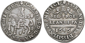 AR Halfcrown (35mm, 14.05 g, 2h). Declaration type. Bridgenorth-on-Severn mint; plumes/–. Dated 1646. Charles on horseback left, holding reins and swo...