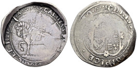 AR Halfcrown (35mm, 13.49 g, 10h). Truro mint; mm: bugle horn. Struck 1642-1643. Charles on horseback left, holding sword and reins / Coat-of-arms. Bu...