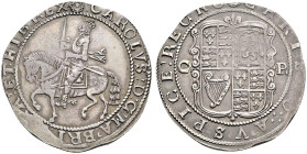 AR Halfcrown (34mm, 14.91 g, 2h). Truro mint; mm: rose. Struck 1642-1643. Charles on horseback left, holding sword and reins / Coat-of-arms; C R flank...