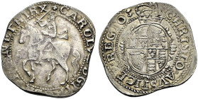 AR Halfcrown (33mm, 14.91 g, 9h). Salopia (Shrewsbury) mint; mm: lis/helmet. Struck circa 1644. Charles on horseback left, holding reins and sword / C...