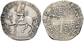 AR Halfcrown (33mm, 14.86 g, 12h). Hartlebury Castle mint; im: pear/three pears. Struck 1646. Charles on horseback left, holding reins and sword / Gar...
