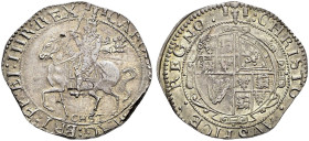 AR Halfcrown (37mm, 14.70 g, 12h). Chester mint; mm: three gerbs. Struck 1644. Charles on horseback left, holding reins and sword; CHST below / Coat-o...
