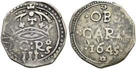 AR Three Shillings (33mm, 15.61 g, 1h). In the name of Charles I. Dated 1645. Crown over * C : R */ · III · S / */ · OBS ·/ ·: CARL :/ · 1645 ·/ *. Br...