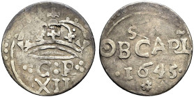 AR Shilling (28mm, 4.83 g, 12h). In the name of Charles I. Dated 1645. Crown over ·: C : R :·/ XII / OBS CARL/ · 1645 ·/ *. Brooker –; Hird 243 (same ...