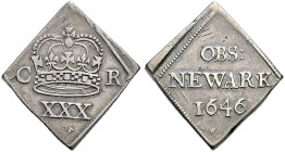 AR Halfcrown (23x25mm, 14.58 g, 12h). In the name of Charles I. Dated 1646. Large crown; C R flanking; XXX (mark of value) below / OBS :/ NEWARK/ 1646...