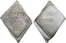 AR Shilling (25x28mm, 5.27 g, 12h). In the name of Charles I. Dated 1645. Large crown; C R flanking; XII (mark of value) below / OBS/ NEWARKE/ 1645. H...