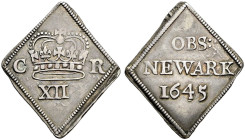 AR Shilling (26x29mm, 5.88 g, 12h). In the name of Charles I. Dated 1645. Large crown; C R flanking; XII (mark of value) below / OBS :/ NEWARK/ 1645. ...