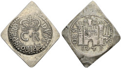 AR Shilling (29x30mm, 6.00 g, 12h). In the name of Charles I. Type I. Lozenge flan. Dated 1648. DVM : SPIRO : SPERO, crowned C·R / Castle gateway with...