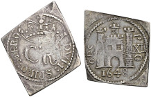 AR Shilling (26x25mm, 4.22 g, 2h). In the name of Charles I. Type I. Lozenge flan. Dated 1648. DVM : SPIRO : SPERO, crowned C·R / Castle gateway with ...