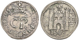 AR Shilling (25mm, 4.51 g, 12h). In the name of Charles I. Type I. Round flan. Dated 1648. DVM : SPIRO : SPERO, crowned C·R / Castle gateway with flag...