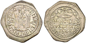 AR Shilling (31mm, 5.59 g, 5h). In the name of Charles II. Dated 1648. CAROL’ : II : D : G : MAG : BR · ET : H : REX, crown; below, HANC : DE/VS : DED...