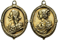 Gilt AR Badge (26x37mm, 8.48 g, 12h). By T. Rawlins. Laureate, draped, and cuirassed bust of Charles left / Bust of Henrietta Maria left. All within w...
