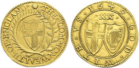 AV Unite (34mm, 8.98 g, 4h). London mint; mm: sun. Dated 1649. Coat-of-arms within wreath / Two coats-of-arms; XX (mark of value) above. Bull, Gold; S...