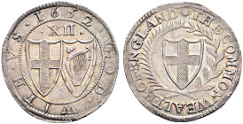 AR Shilling (31mm, 5.94 g, 7h). London mint; mm: sun. Dated 1652. Coat-of-arms within wreath / Two coats-of-arms; XII (mark of value) above. Bull, Sil...