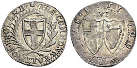 AR Sixpence (26mm, 2.90 g, 3h). London mint; mm: sun. Dated 1651. Coat-of-arms within wreath / Two coats-of-arms; VI (mark of value) above. Bull, Silv...