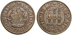 Pattern Æ Farthing (23mm, 4.52 g, 6h). London mint. Dies by D. Ramage. (star) THVS · VNITED · INVINCIBLE, three composite-order columns bound together...