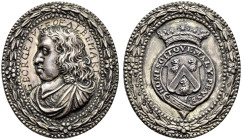 Cast AR Badge (31mm, 10.98 g, 12h). By T. Rawlins(?). Made circa 1660. GEORGE DVKE OF ALBERMARL engraved, armored and draoed bust left / Coat-of-arms ...