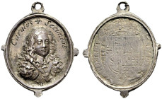 Cast AR Badge (25x27mm, 3.17 g, 12h). By an uncertain artist. Carolus (floral cross) Secundus, armored and draped facing bust / Engraved crowned and c...