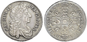 AR Halfcrown. Dated 1677 and RY V. NONO. Fourth bust. Bull 475; ESC 479; SCBC 3367 (this coin illustated).
A few light marks under rich old tone with...