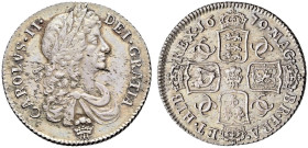 AR Shilling. Dated 1679. Second bust, plume below. Plume at center of reverse. No stop after HIB. Bull 548; ESC 1056; SCBC 3376.
Some haymarking othe...