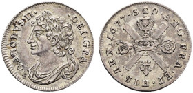 AR Sixteenth Dollar. Scottish Second coinage. Edinburgh mint. Dated 1677. Murray, Scottish 56; Burns 1 (fig. 1058); SCBC 5624.
In NGC encapsulation 6...