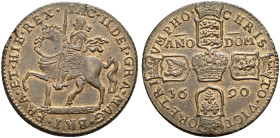 Æ Crown (34mm, 13.36 g, 12h). Irish ‘Gunmoney’ coinage. Dublin mint. Dated 1690. Withers 36/35; Timmins TB60Y-4A; D&F 366; SCBC 6578.
Well struck. To...