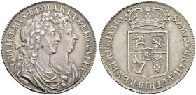 AR Halfcrown. Dated 1689 and RY PRIMO. First bust. First shields. Caul and interior frosted, with pearls. Reads FRA for FR on reverse. First V over A ...