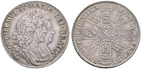 AR Halfcrown. Dated 1693 and RY QVINTO. Second busts, third shields. Bull 861; ESC 519; SCBC 3436 (this coin illustrated).
Excellent detail for this ...