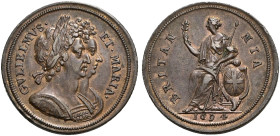 Proof Pattern CU Halfpenny (31.5mm, 12.37 g, 6h). Dated 1694. GVLIELMVS · ET · MARIA ·, jugate busts of William, laureate and cuirassed, and Maria, dr...
