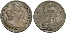 CU Halfpenny. Dated 1694. M over M in MARIA. Peck 602; SCBC 3452.
A crisply struck coin with a silky dark chocolate tone.
In NGC encapsulation 21538...