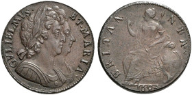 CU Halfpenny. Dated 1694. Unbarred first A in BRITANNIA. Peck 602 var. (unbarred A); SCBC 3452.
Slight porosity to flan. Richly toned.
In NGC encaps...