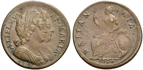 CU Halfpenny. Dated 1694. Overstruck on a Charles II halfpenny. Peck 606; SCBC 3452. An extremely rare overstrike. The profile of Charles II clearly v...