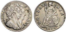 Proof AR Farthing (5.10 g, 6h). Dated 1694. No stop after MARIA / First A of BRITANNIA unbarred. Peck 627.
Usual die break on shield and a few light ...