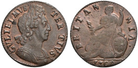 CU Halfpenny. Dated 1700. Third issue. Widely spaced TER TIVS. Peck 701; SCBC 3556.
Struck on a somewhat porous flan. Traces of lustre. Rare.
In NGC...