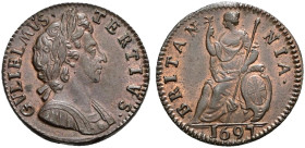 CU Farthing. Dated 1697. First issue. Peck 659; SCBC 3557.
Bold strike. Toned with some lustre.
In NGC encapsulation 2153810-011, graded MS 64+ BN.