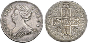 AR Halfcrown. Dated 1708 and RY SEPTIMO. Post-Union issue. First bust. Plumes in angles. Bull 1369; ESC 578; SCBC 3606.
Toned with considerable brill...
