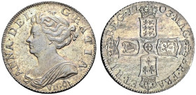 AR Shilling. Dated 1703 VIGO. Pre-Union issue. Second bust. Bull 1388; ESC 1131; SCBC 3586 (this coin illustrated).
Much silver lustre beneath pink-g...