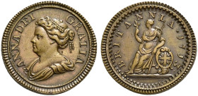 Pattern Brass Farthing (6.19 g, 6h). Dated 1713. ANNA DEI GRATIA, draped bust left / BRITANNIA · 1713 ·, Britannia seated left on globe and shield, ho...