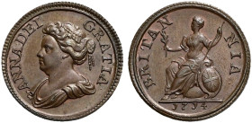 Pattern CU Farthing. Dated 1714. ANNA · DEI · GRATIA ·, draped bust left / BRITAN NIA, Britannia seated left on globe and shield, holding olive branch...