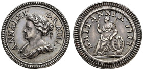 Pattern AR Farthing (4.94 g, 12h). Dated 1713. ANNA · DEI · GRATIA ·, draped bust left / BRITANNIA · 1713 ·, Britannia seated left on globe and shield...