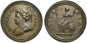 Pattern CU Farthing (4.41 g, 1h). Dated 1714. ANNA · DEI · GRATIA ·, draped bust left / BRITAN NIA ·, Britannia seated left on globe and shield, holdi...