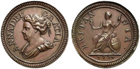 Pattern CU Farthing (6.52 g, 1h). Dated 1714. ANNA · DEI · GRATIA ·, draped bust left / BRITAN NIA ·, Britannia seated left on globe and shield, holdi...