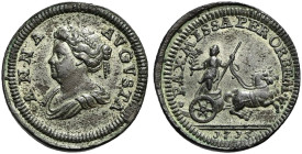 Pattern Tin Farthing (5.84 g, 1h). Dated 1713. ANNA AVGVSTA, draped bust left / PAX · MISS PER · ORBEM, Pax driving biga right, holding olive branch a...