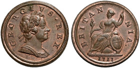 CU Halfpenny. Dated 1717. ‘Dump’ type. Peck 768; SCBC 3659.
Some lustre.
In NGC encapsulation 2153856-004, graded MS 64 BN.